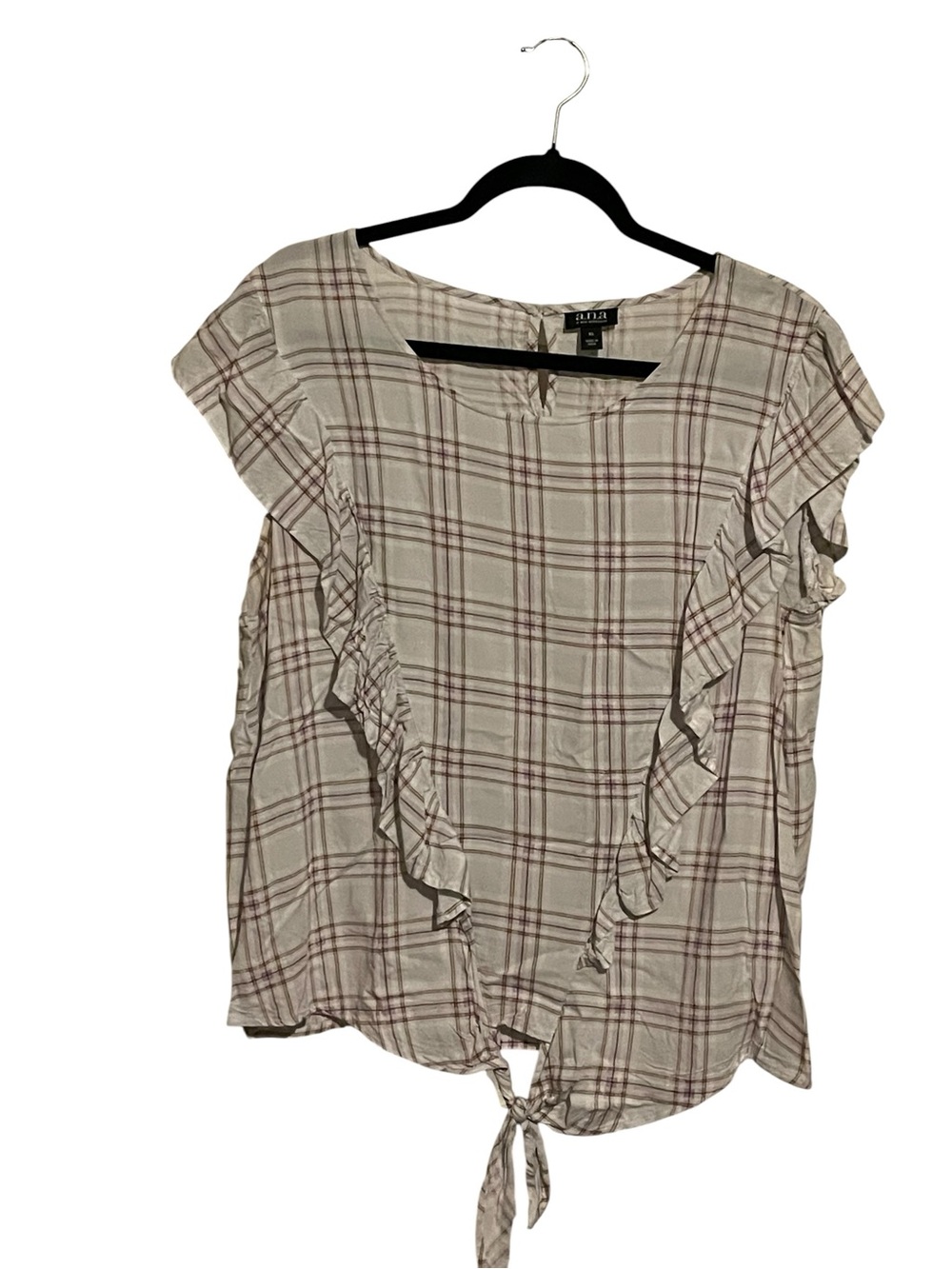 a.n.a Cream Plaid Ruffle Tie-Front Blouse